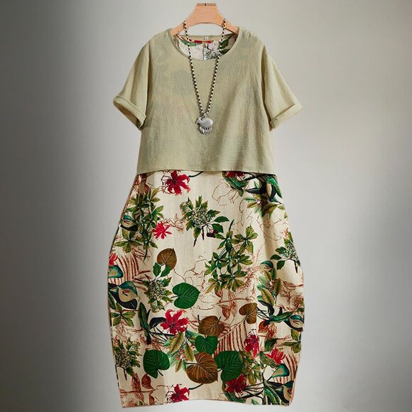 Green Round Neck Floral Print Casual Vintage Short Sleeve Maxi Two Piece Dress - Picture 1 of 2